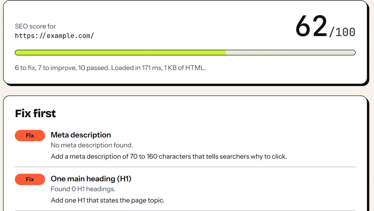 MarkStack SEO health check result showing a score of 62 out of 100 and the first fixes to make